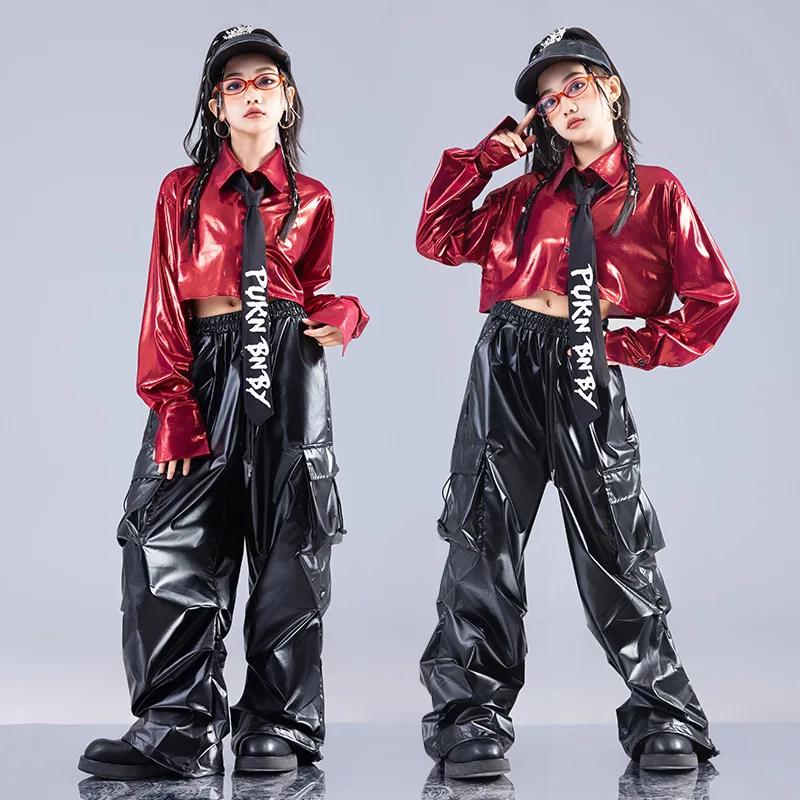 Haut court rouge à manches longues, pantalon en cuir, Costume de danse Jazz, vêtements pour filles, 