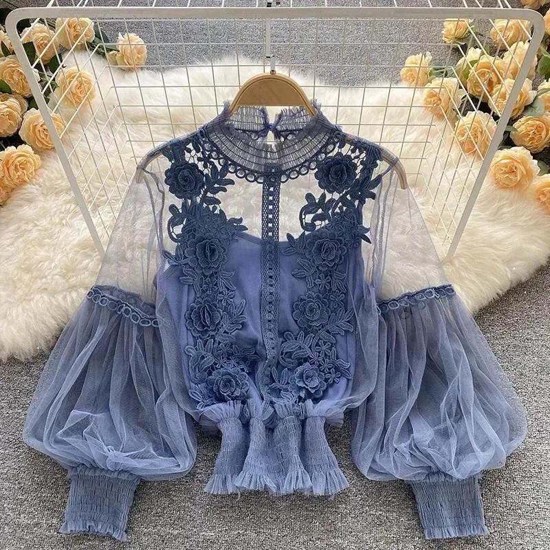 Dentelle bouffée à manches longues Blouse Vintage mode Blouses élégant Femme Blusas coréen Femme hau