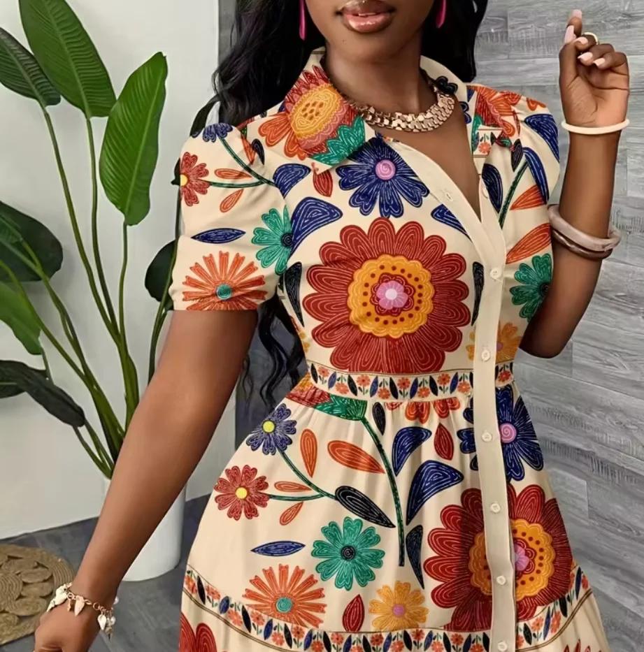 Robe chemise d'été pour femme 2026 à imprimé floral, manches bouffantes, ourlet à volants, coupe tra