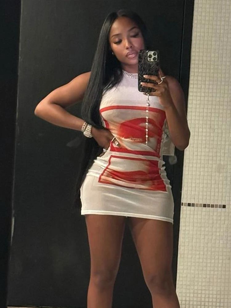 Bizarre Puss Lip Print Femmes Longs Tops Sexy Y2K Hipster Mince O-cou Sans Manches Sauvage De Base S