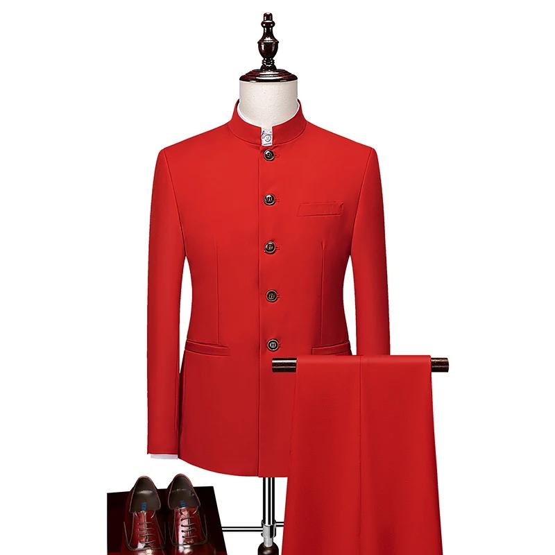 Zhongshan – costume d'affaires décontracté pour hommes, élégant, col montant, ensemble deux pièces, 