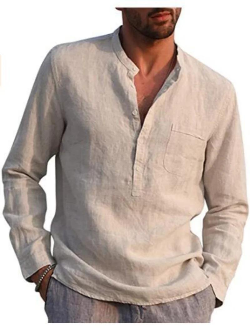 Chemise à manches longues en lin pour hommes, col montant, bouton sur le devant, poche simple sur la