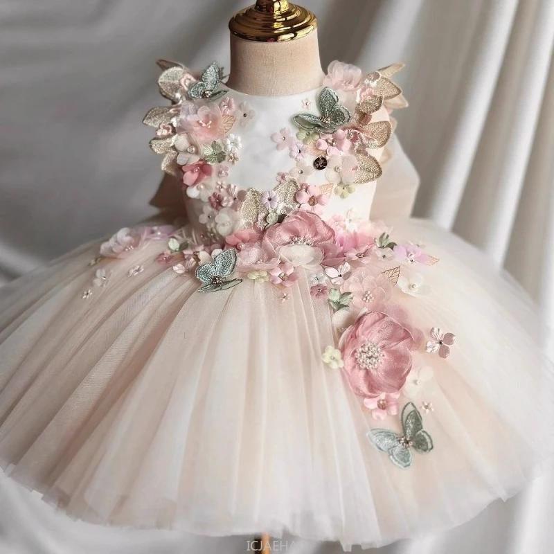 Robe de mariée d'été pour filles, tenue de princesse florale pour premier anniversaire, tenue de con