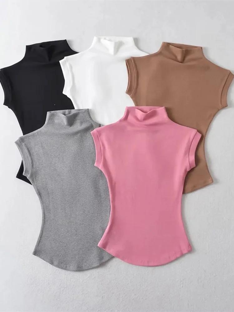 Femmes été Sexy col roulé sans manches T-Shirts hauts solide coupe ajustée pulls t-shirts décontract