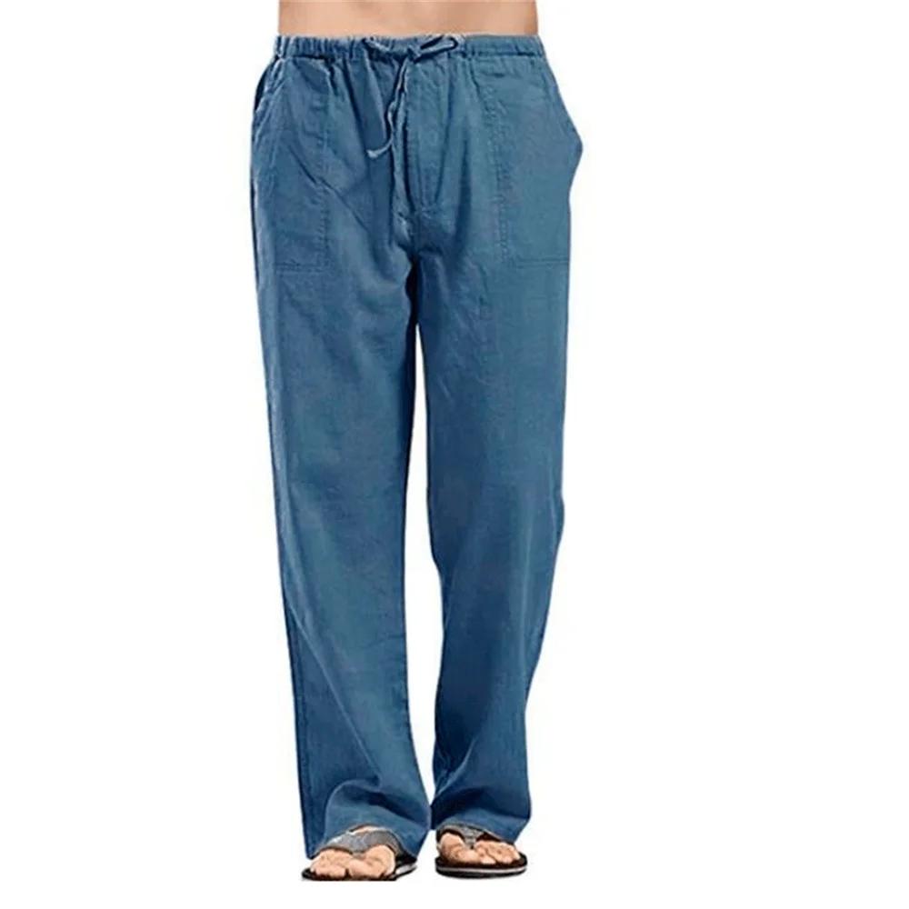 Pantalon d'été en coton et lin pour hommes, couleur unie, respirant, décontracté, taille élastique, 