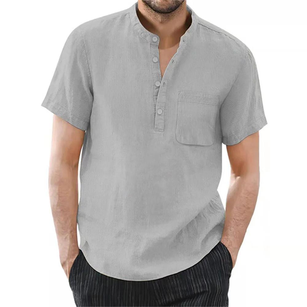 T-shirt à manches courtes pour hommes, en coton et lin, décontracté, couleur unie, chemise d'été, co