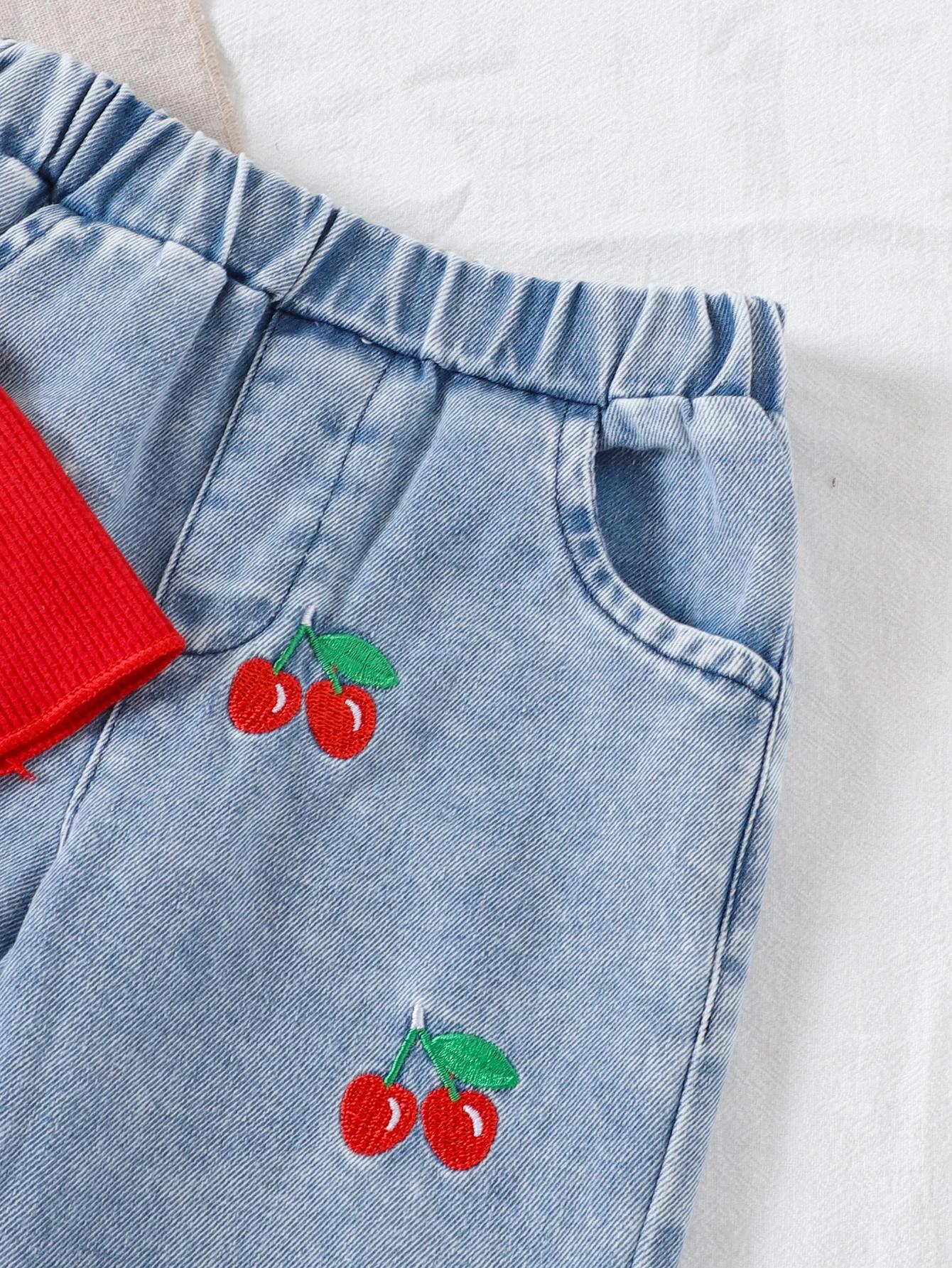 Ensemble filles 1-3 ans haut rouge manches longues + pantalon denim cerise - Printemps automne