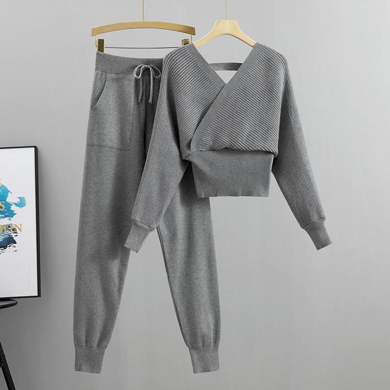 Ensemble deux pièces pour femme, survêtement élégant, Sexy, Style coréen, tricoté, côtelé, dos nu, L