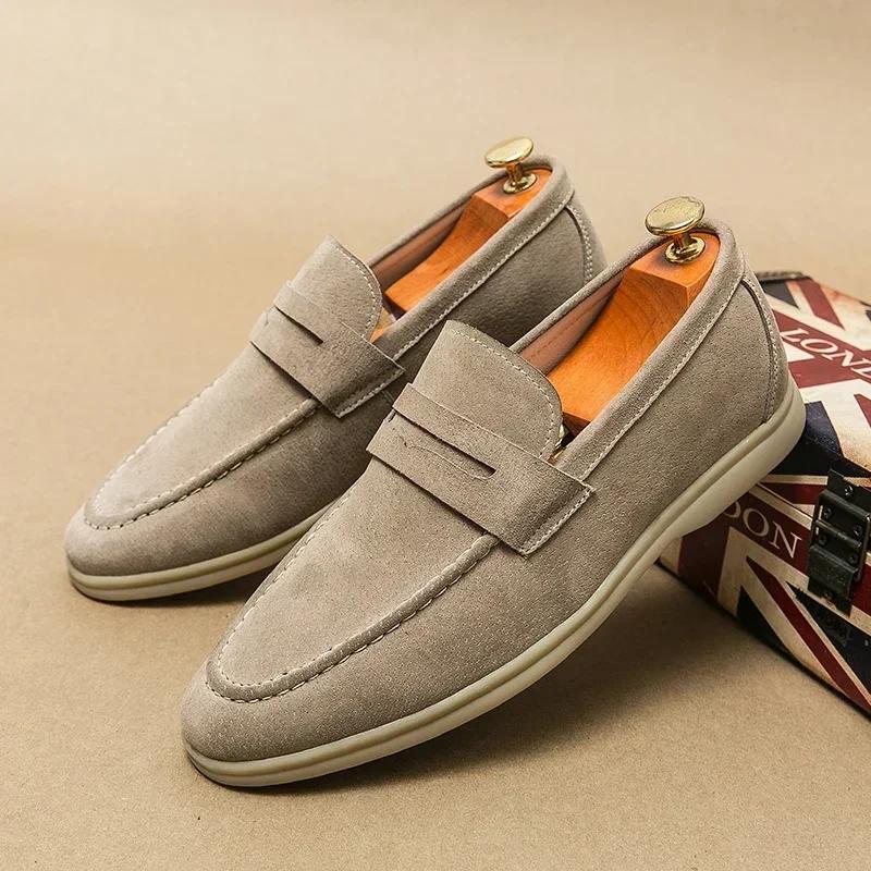 Chaussures décontractées en cuir véritable pour hommes, chaussures de conduite en daim, marque de lu