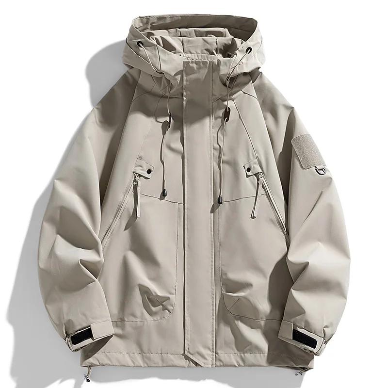 Coupe-vent hommes veste à capuche manteau à glissière Cargo imperméable noir Bomber Camping ample mi