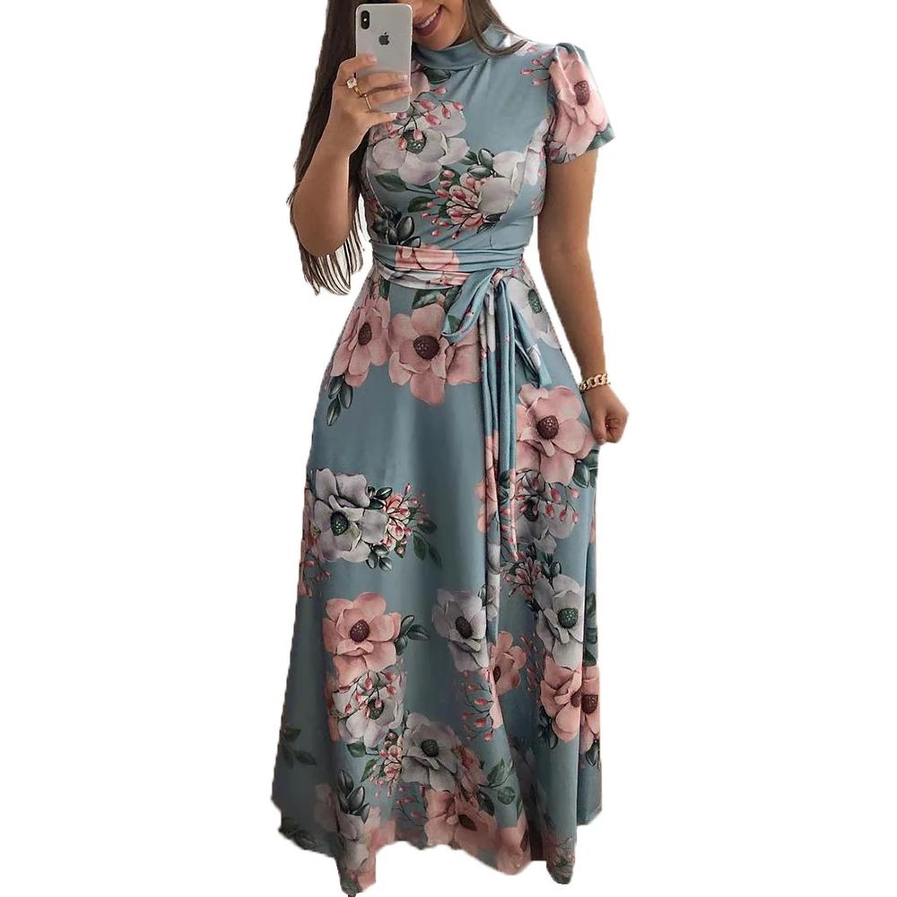 Robe d'été à imprimé Floral pour femmes, nouvelle robe trapèze Boho à manches courtes, robe Maxi flu