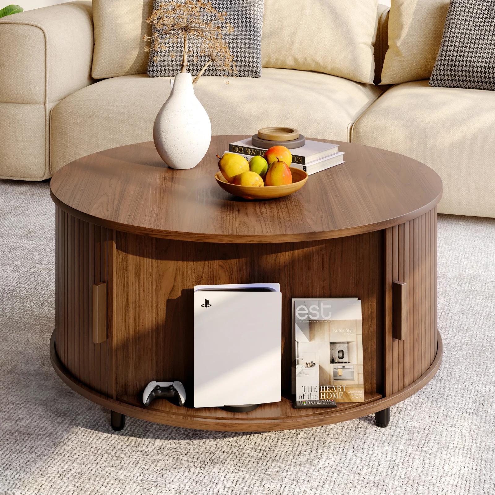 Table basse ronde avec rangement, table basse moderne de 31,5 po avec 360 °   Porte coulissante incu