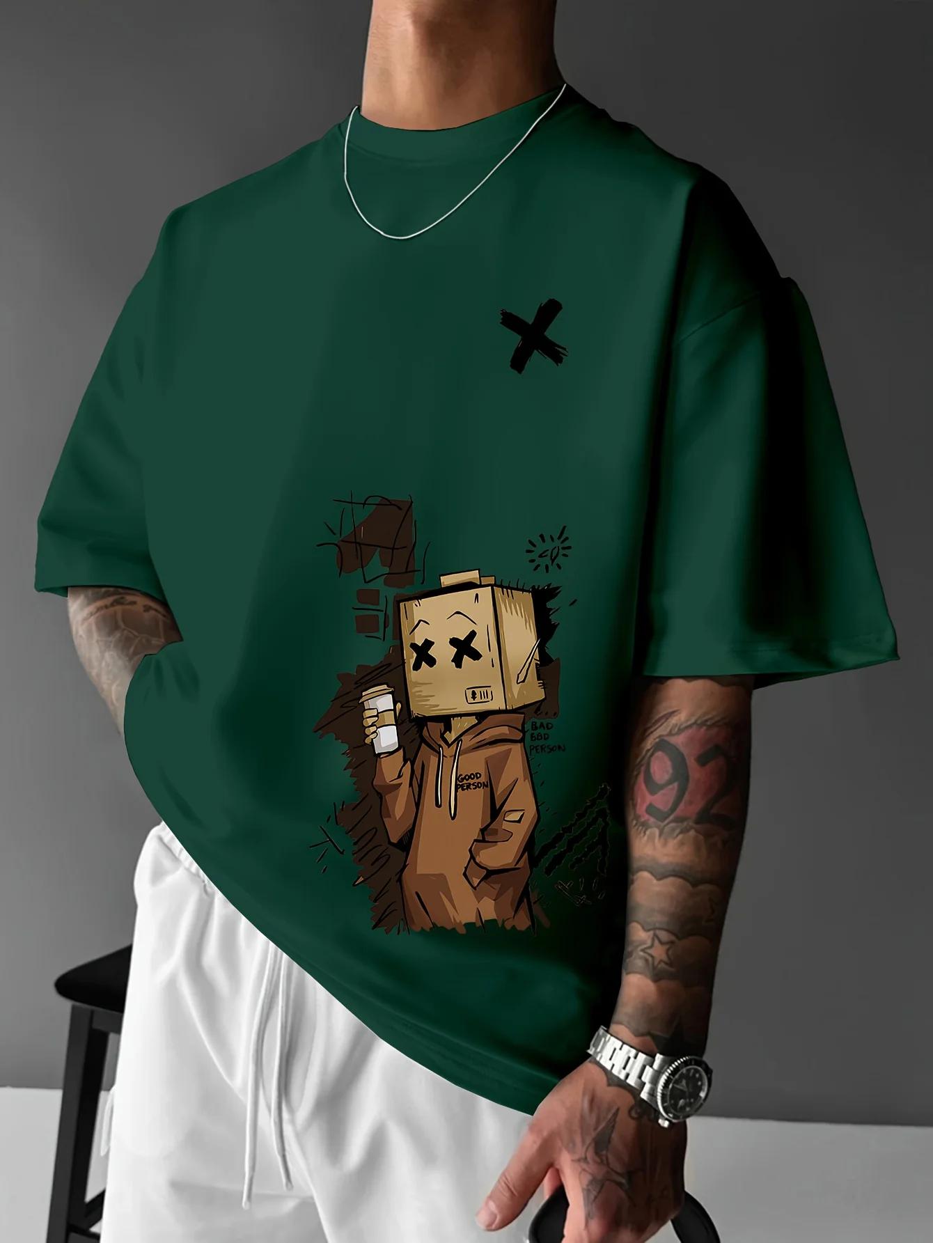 T-shirt col rond pour hommes, mode européenne et américaine, imprimé Graffiti de dessin animé, confo