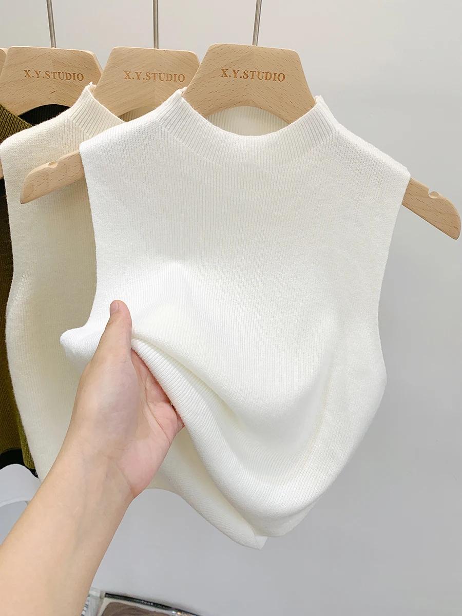 Femmes tricoté débardeur été automne mince pull court sans manches solide printemps automne chandail