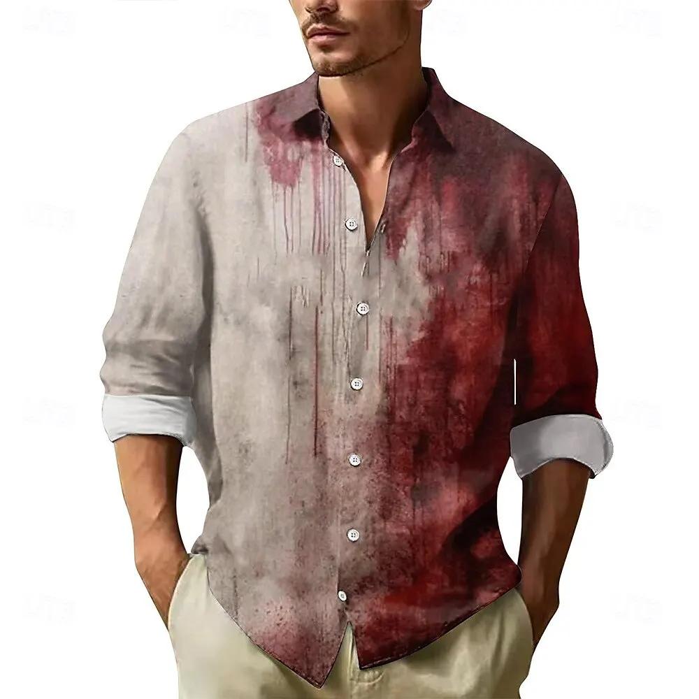 2025 Halloween hommes lettre imprimée taches de sang chemise boutonnée chemise à manches longues fon