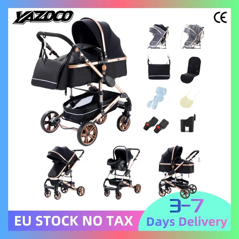 Poussette bébé pliable 3-en-1, poussette haute avec capote réglable et amortisseur, chariot portable