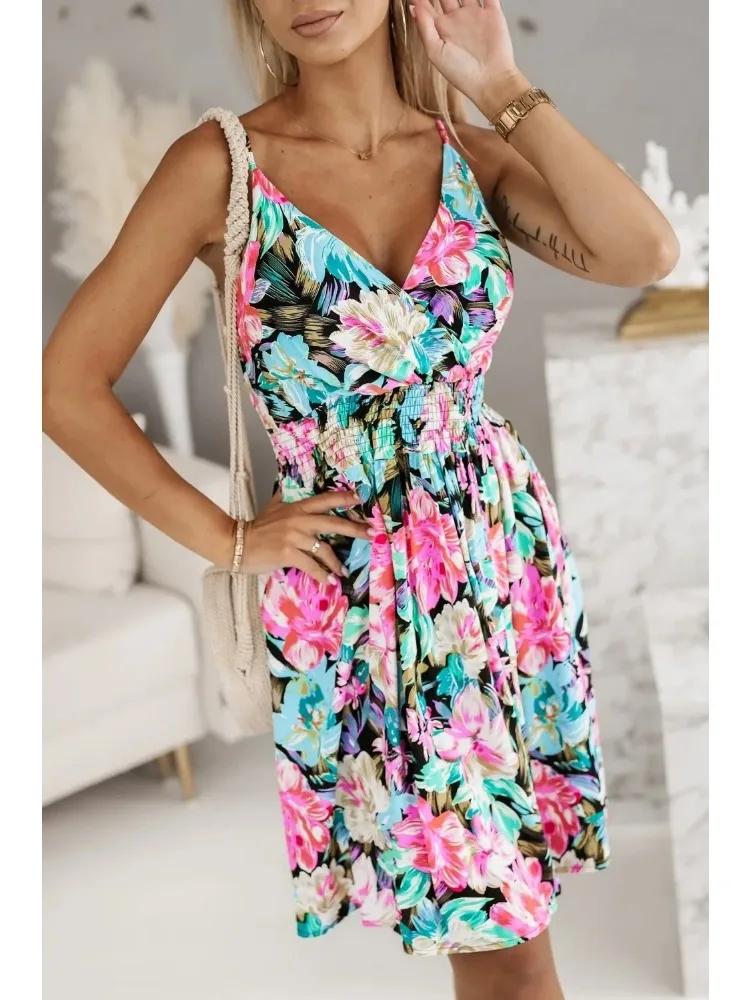 Robe d'été plissée ronde pour femmes, nouvelle mode, imprimé floral, sexy, bretelles spaghetti, robe