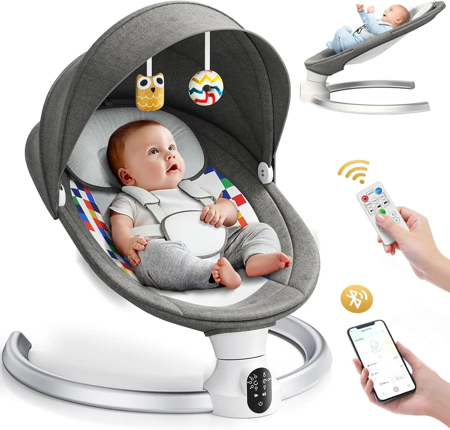Balançoire électrique grise pour bébé, chaise longue avec télécommande et application de style comma