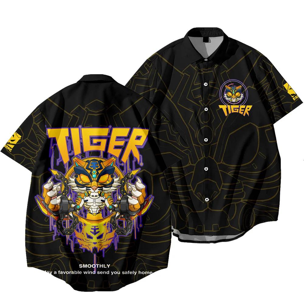 ​ ​ Chemise Harajuku Dragon Tiger pour hommes, imprimé ethnique noir, surdimensionné, manches courte
