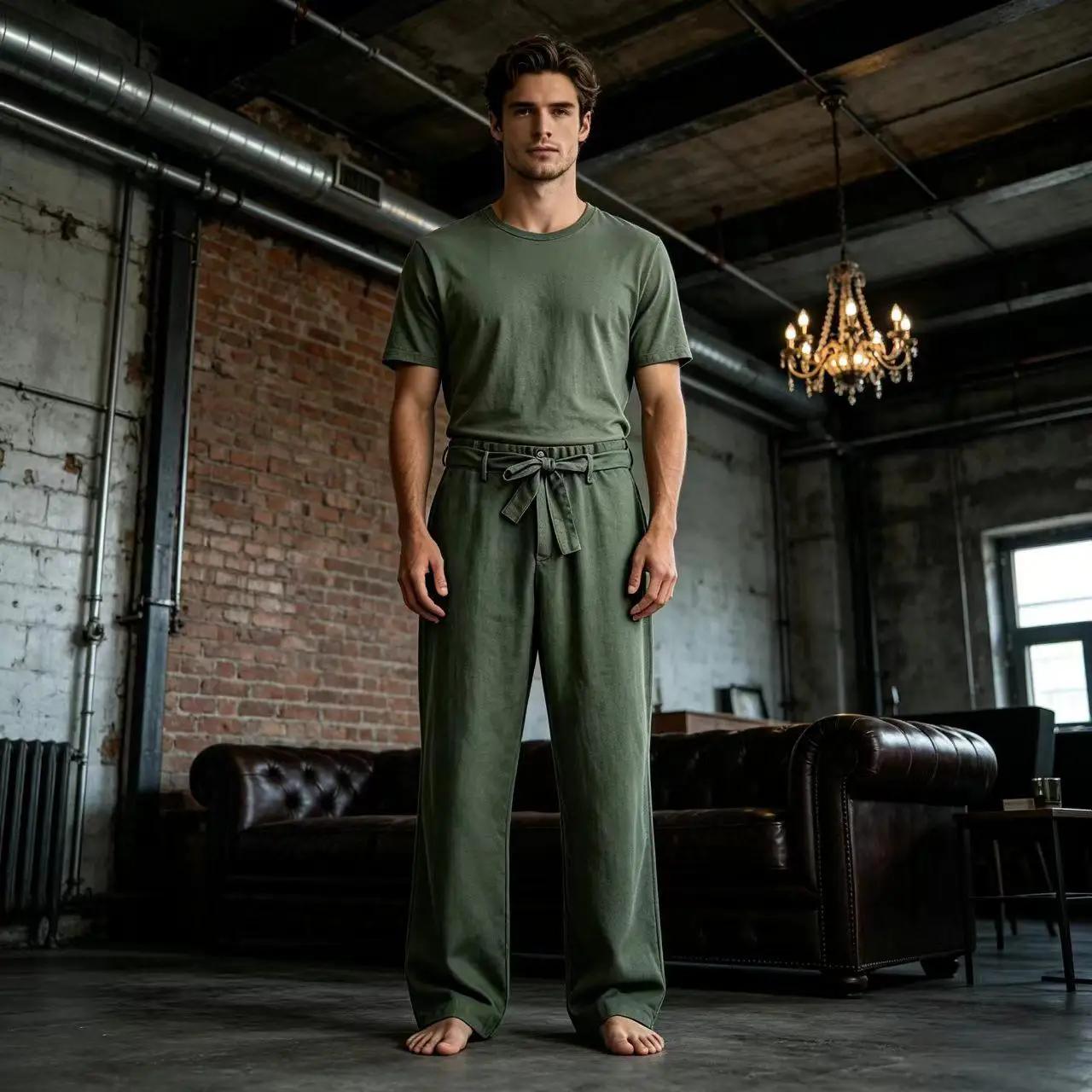 Pantalon décontracté vintage pour homme en mélange de lin à taille haute et jambe large, doux et res