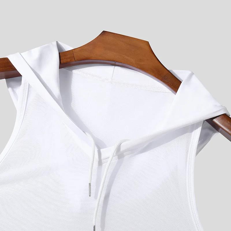 Nouveau Chic hommes à capuche sport débardeurs Sexy couleur unie Transparent sans manches T-shirt ét