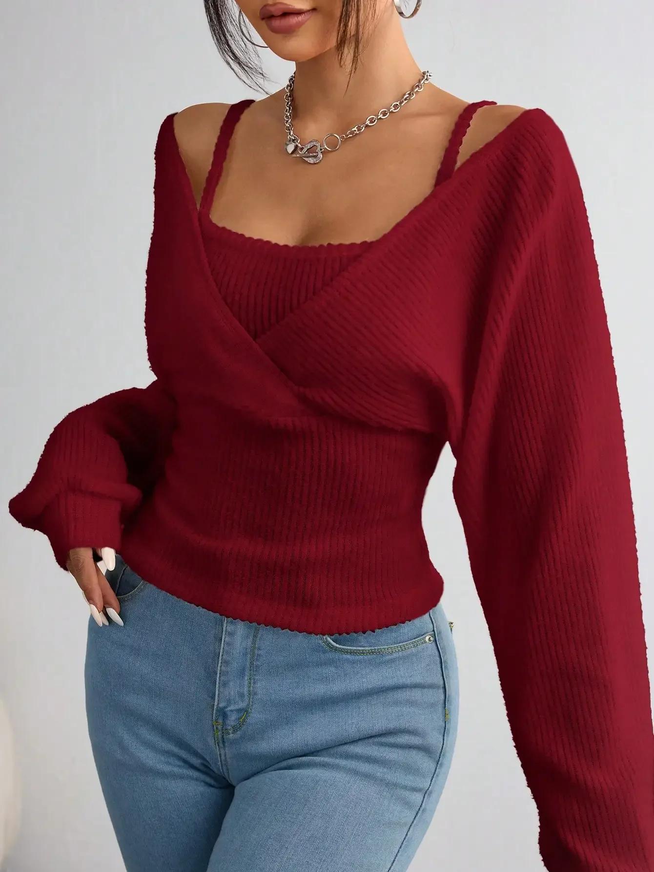 T-shirt à capuche à manches longues pour femmes, décontracté, couleur unie, tricoté, coupe régulière