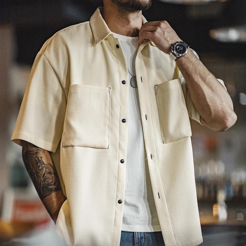 Maden-Chemise drapée sans repassage pour homme avec poche, chemise à manches courtes silhouette text