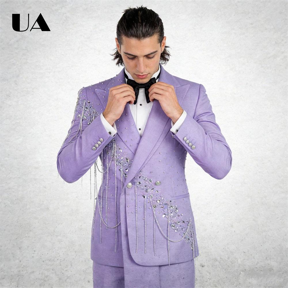 Costume de mariage lilas pour marié, ensemble de costume 2 pièces avec pompons en strass, costume po