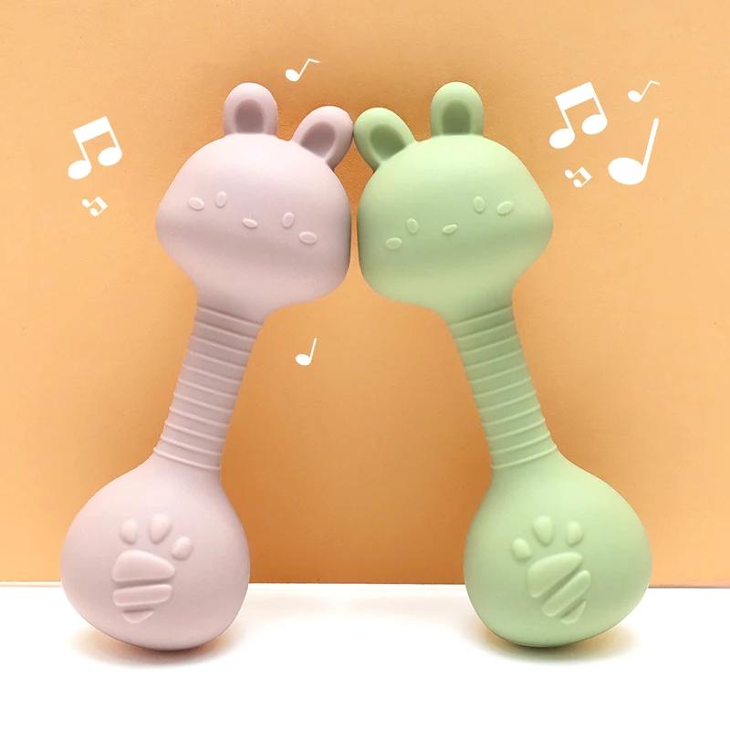 Anneau de dentition hochet en silicone pour bébé lapin de qualité alimentaire – Forme d'haltère pour