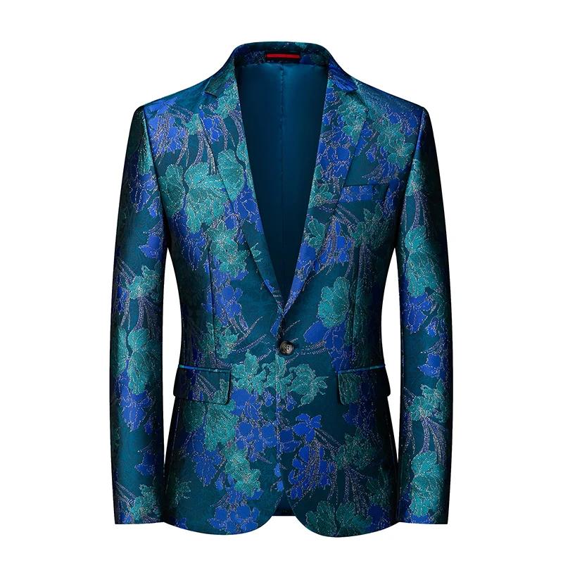 Veste Jacquard imbibée de fleurs pour hommes, blazer à bouton unique, manteau de scène de chanteur, 