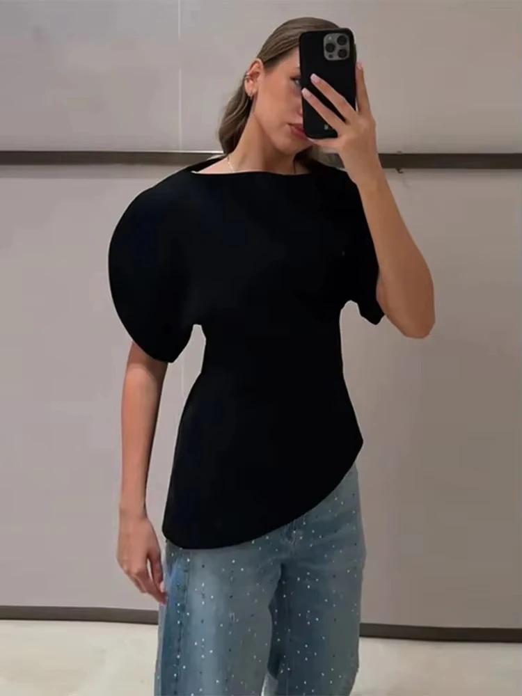 Blouse élégante blanche à manches bouffantes et ourlet asymétrique pour femme HH, col bateau uni, co