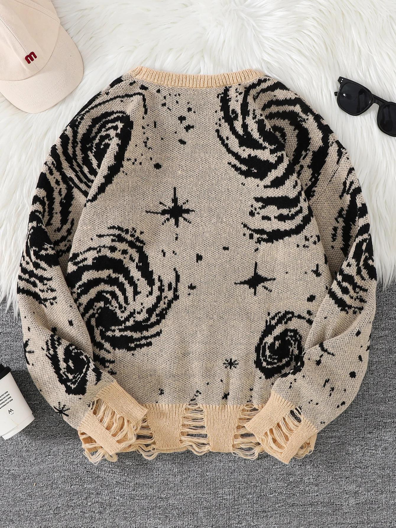 Nouveau Style de rue à la mode déchiré abstrait ciel étoilé motif pull déchiré pull décontracté col 