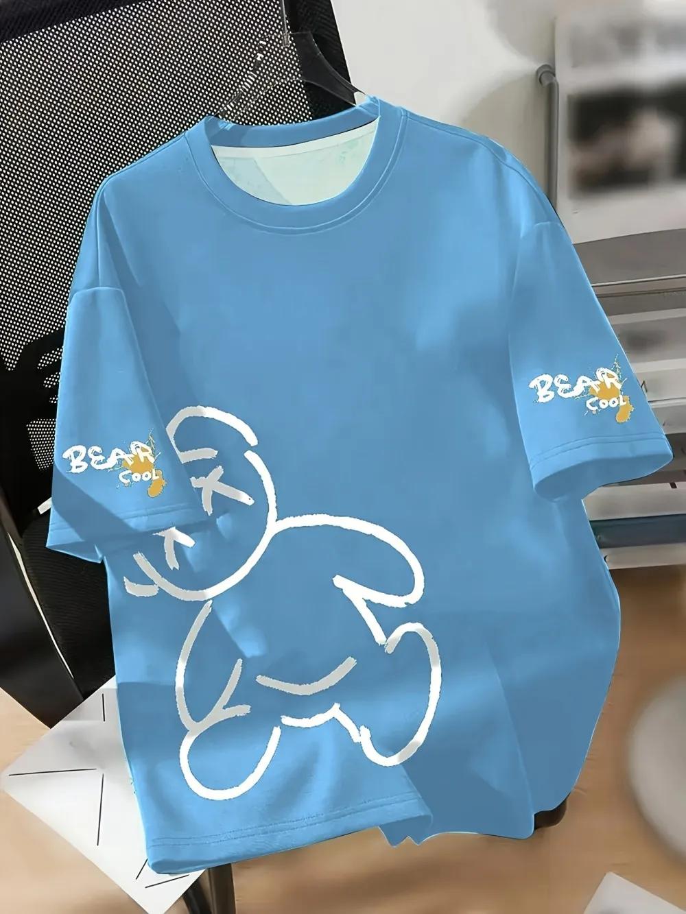 T-shirt d'été respirant à col rond pour hommes, avec motif imprimé d'ours de dessin animé, adapté au