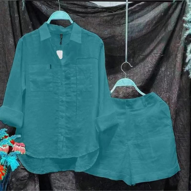 Ensemble d'été 2 pièces en coton et lin pour femmes, chemise et short blancs à manches longues, à la