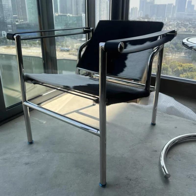 Chaise de loisirs simple en cuir et acier inoxydable, chaise pivotante d'étude de balcon de salon, c