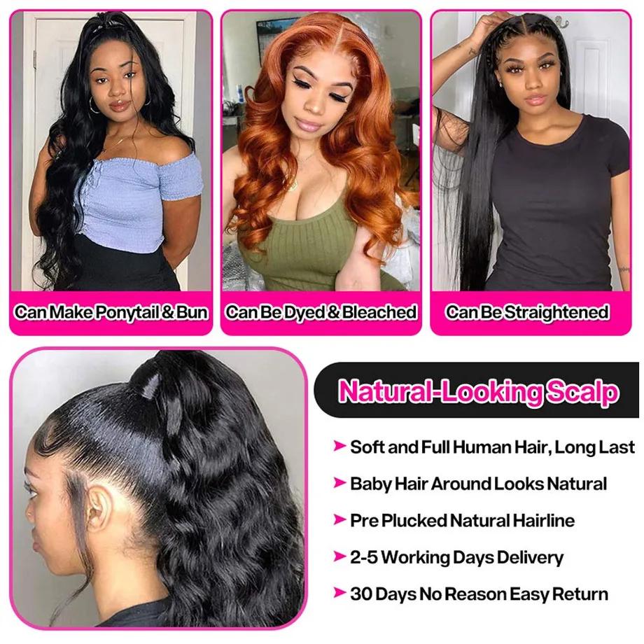 Perruque Lace Front Wig naturelle Body Wave, cheveux humains, 13x4 13x6, transparente, sans colle, 6