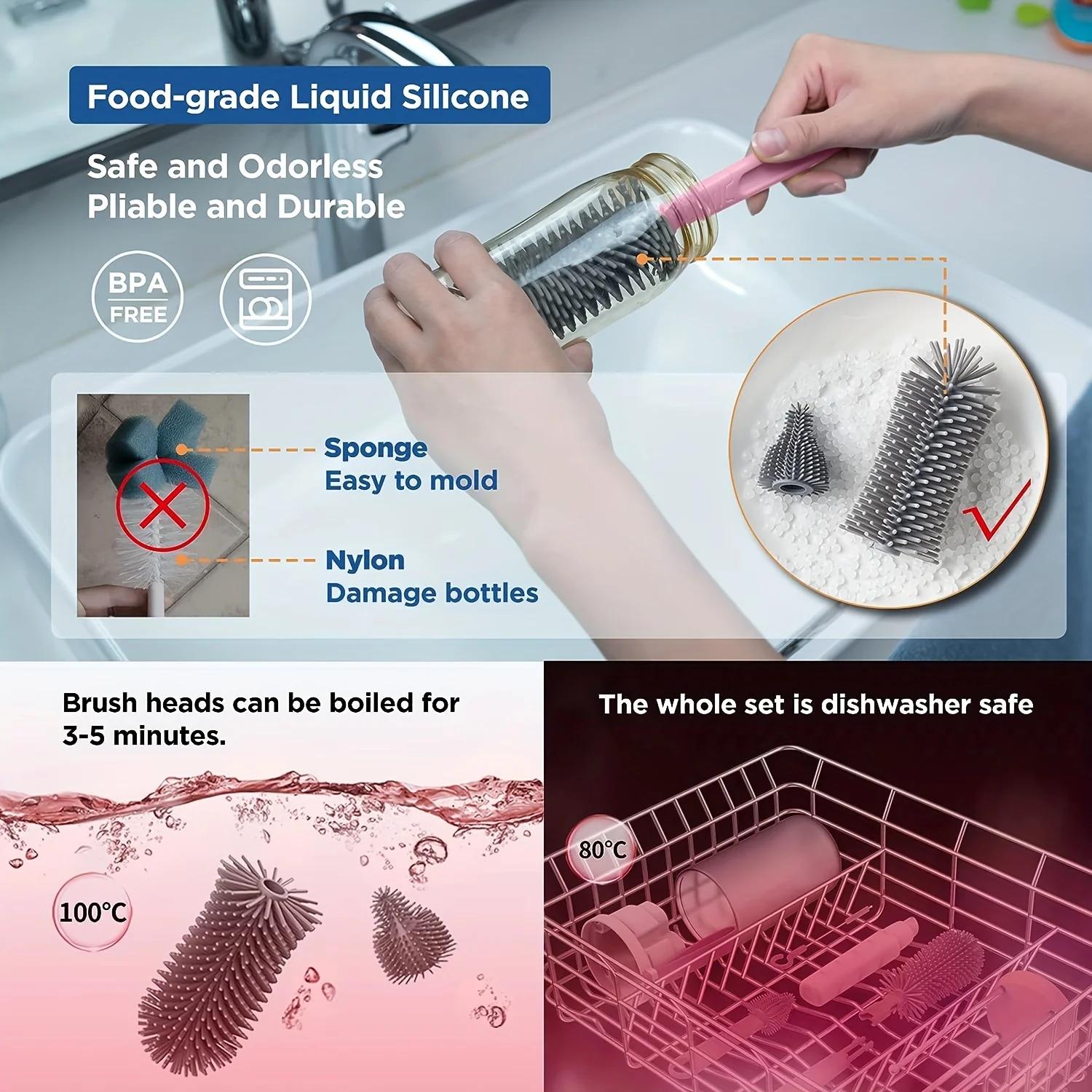 Ensemble de brosses à bouteilles ortable, matériau ABS, avec brosses en silicone, égouttoir et acces