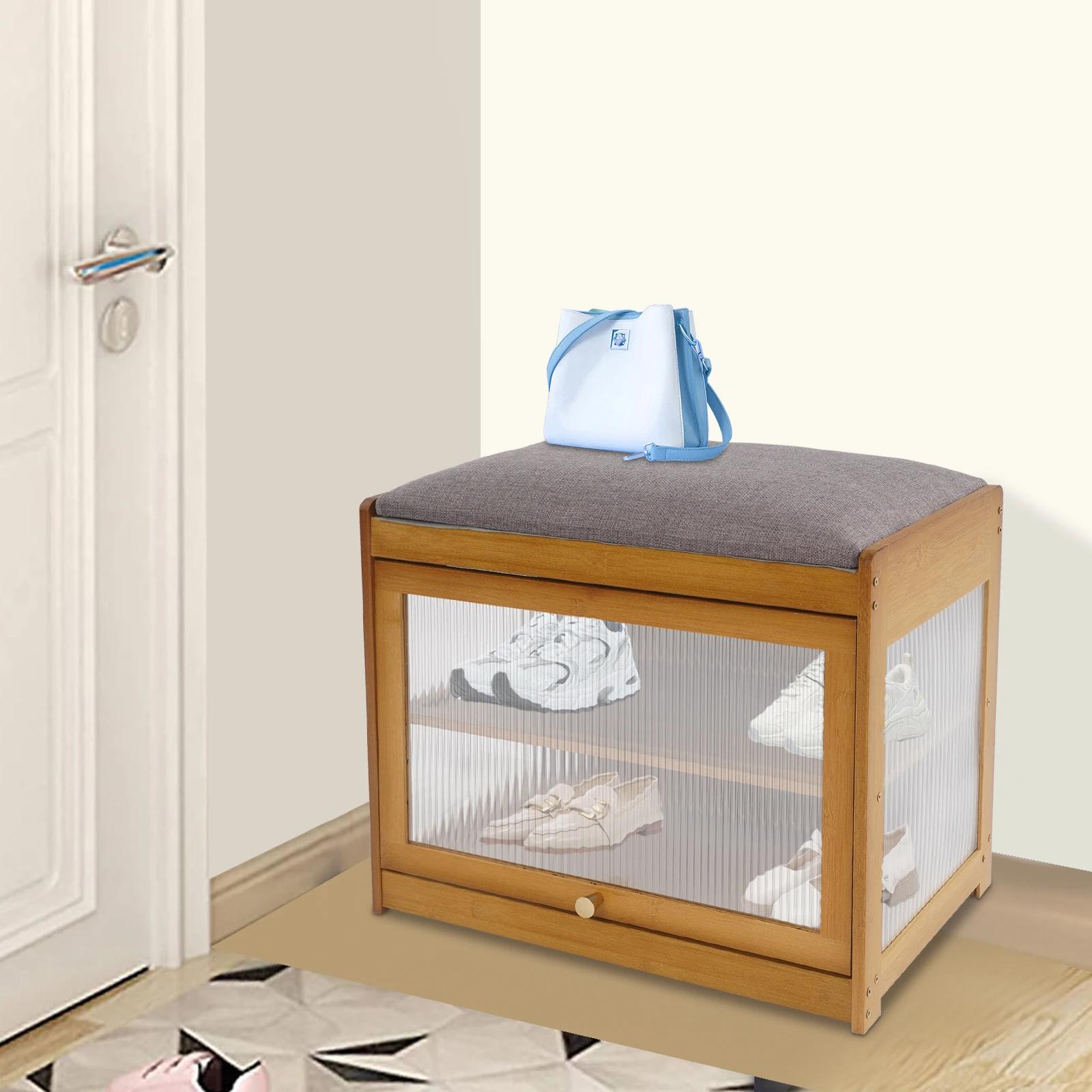 Banc à chaussures rectangulaire à 2 niveaux avec coussin et espace de rangement pour entrées, couloi