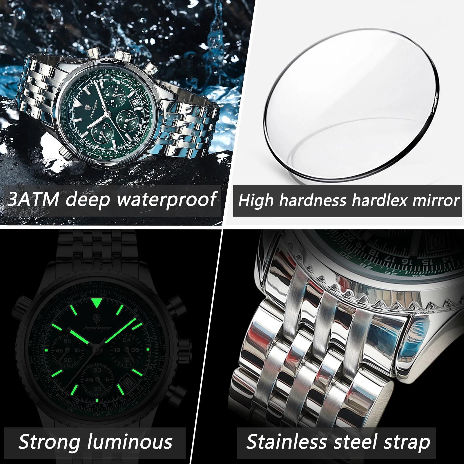 POEDAGAR montres de luxe pour hommes Date chronographe en acier inoxydable homme montre étanche lumi