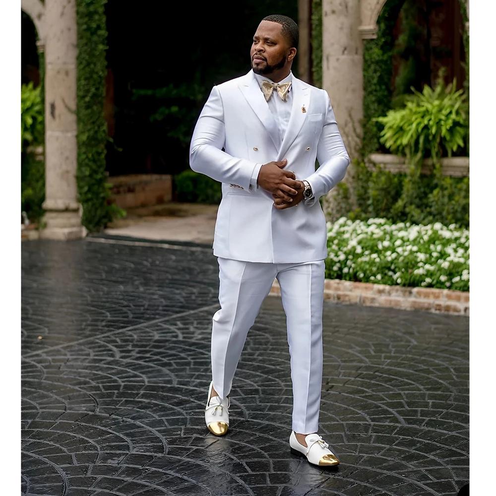 Blazer à col pointu imbibé de satin blanc 2 pièces pour hommes, veste à double boutonnage, smoking d