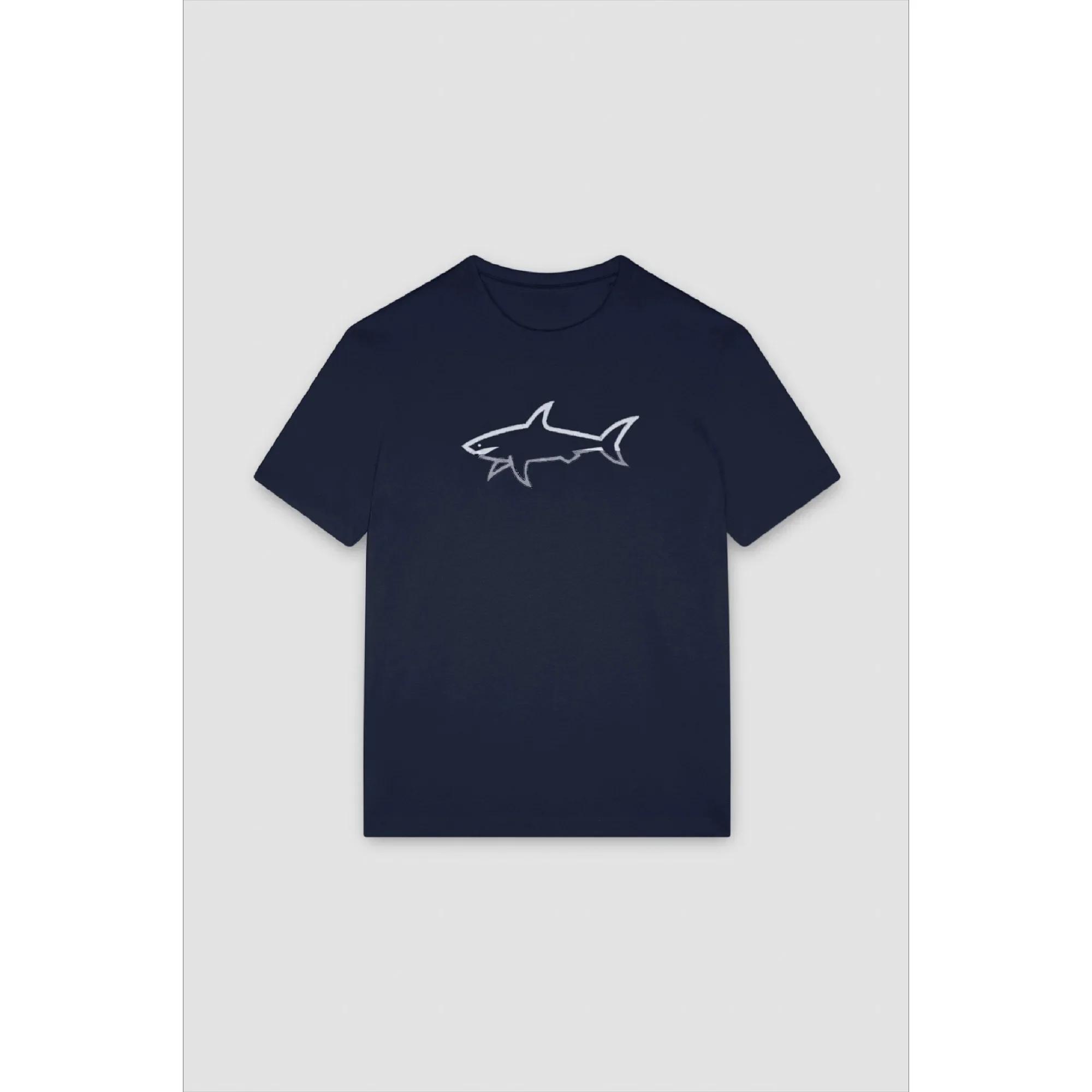 T-shirt d'été en pur coton pour hommes, décontracté, ample, imprimé requin, sport, col rond, manches