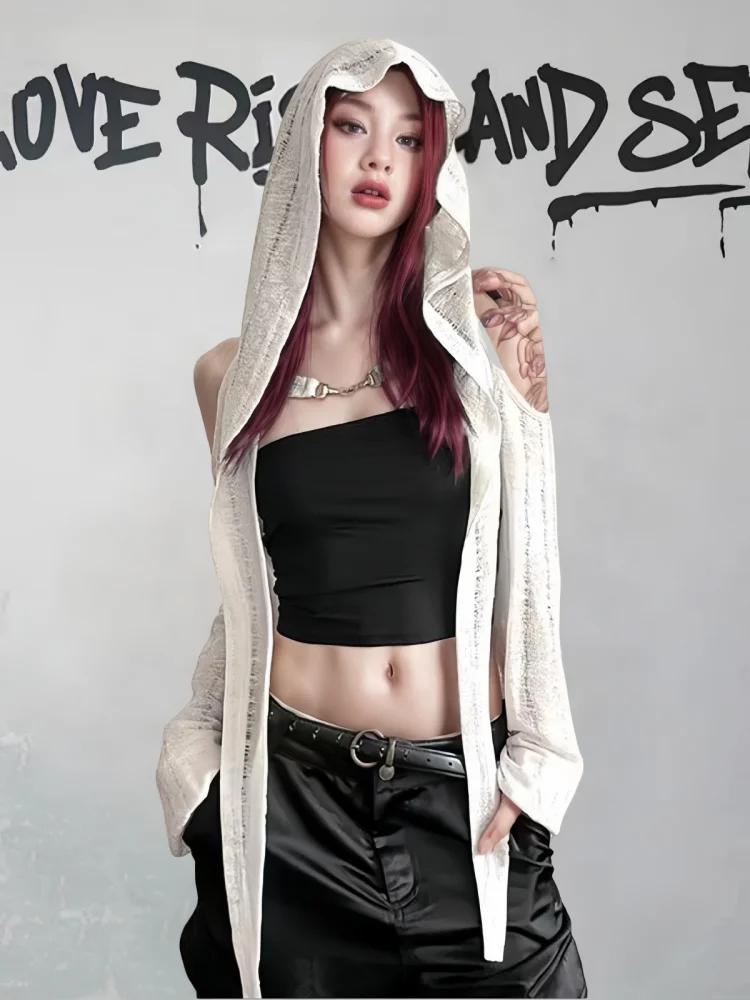 T-shirt à manches longues et épaules dénudées pour femmes, Streetwear d'été, hauts courts, Punk Grun