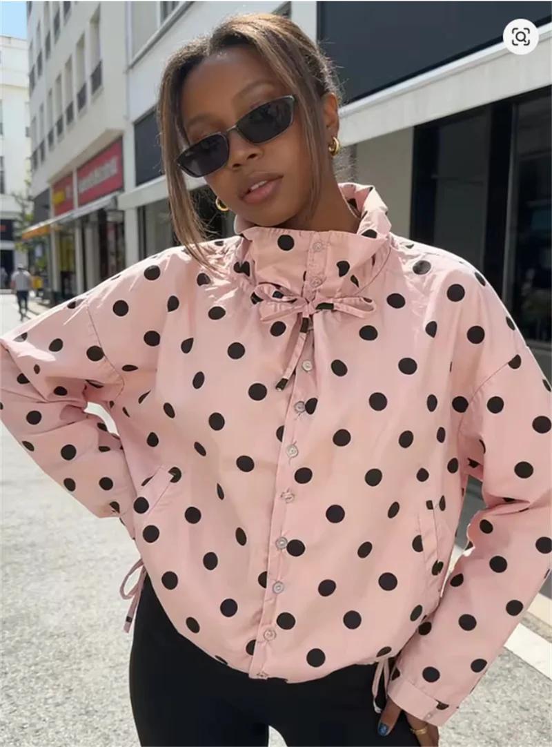 Manteau pour femme Printemps 2026 Nouveau style Rose à pois Manches longues Détail noué Simple bouto
