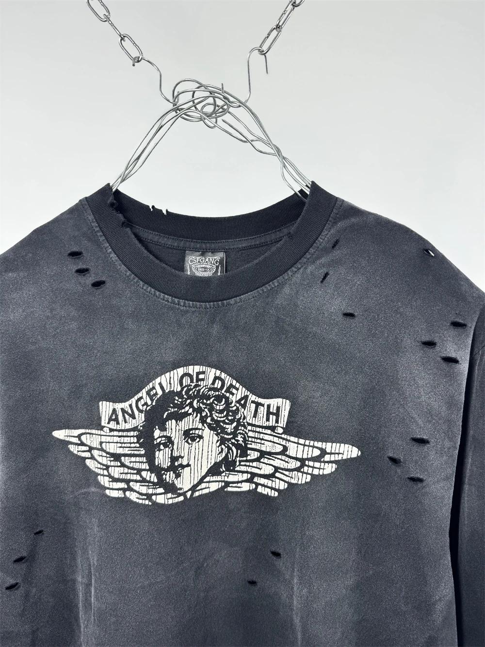 Vintage petit ange trou Saint manches longues lavé t-shirt hommes femmes haute qualité t-shirt hauts