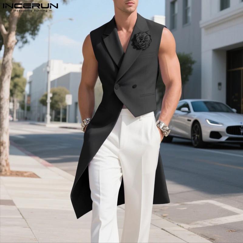 INCERUN hommes Blazer gilets fleur décoration revers sans manches gilets irréguliers hommes Streetwe