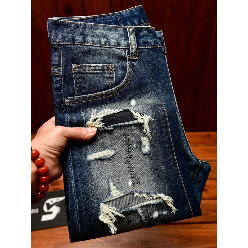 Jean nostalgique haut de gamme pour hommes, coupe slim avec petits trous, patchs grattés, tendance d
