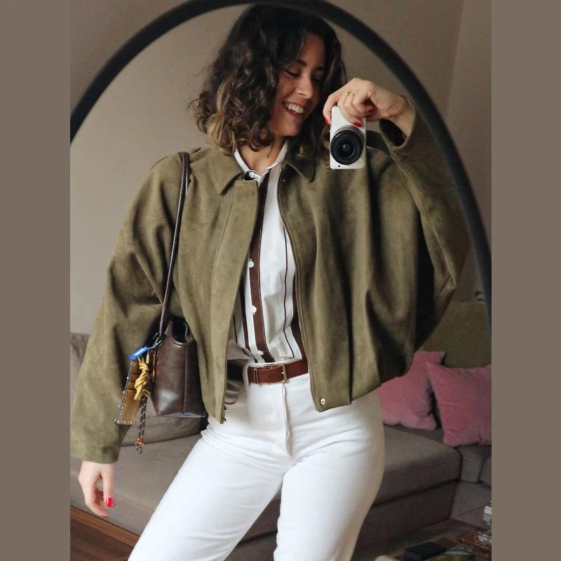HXAO femmes Bomber veste revers fermeture éclair manches longues veste en daim femmes 2025 haute rue