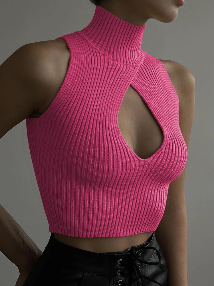 Cryptographic – haut court tricoté sans manches pour femmes, élégant, Sexy, découpé, à la mode, déba