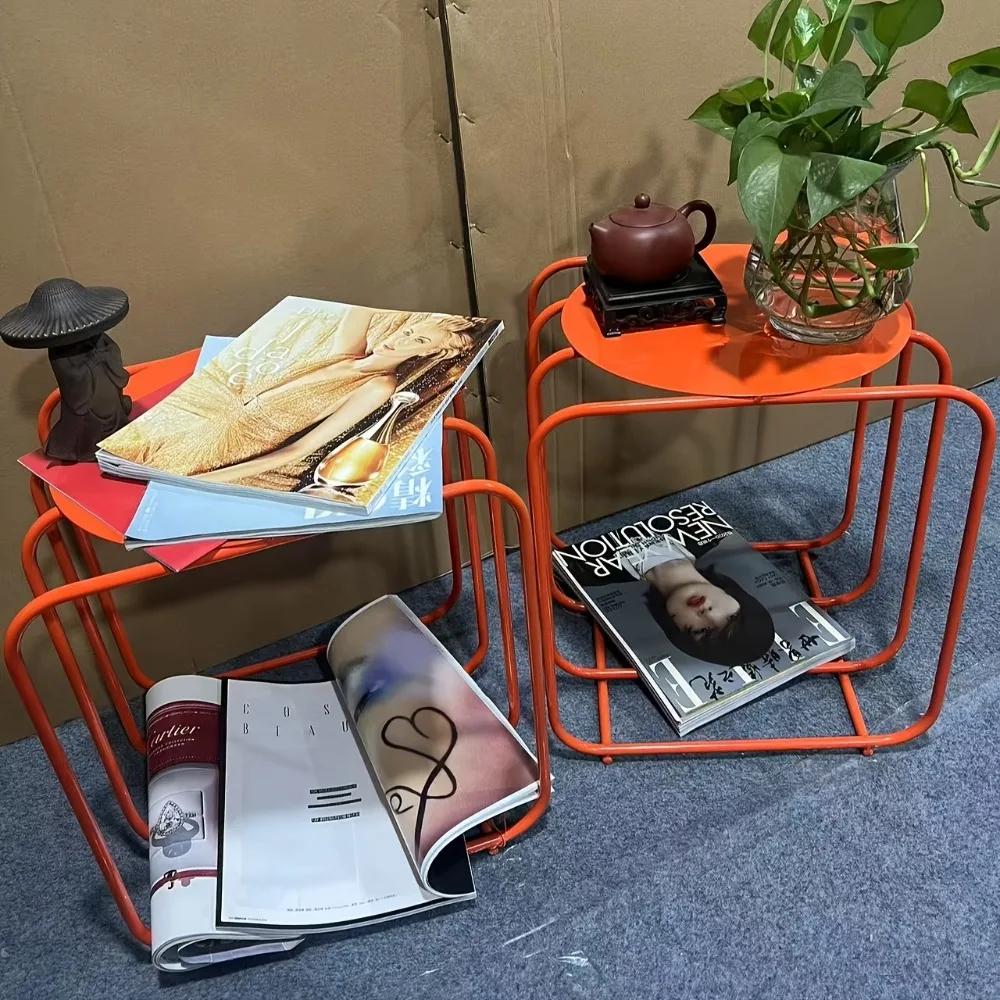 Table basse Vintage en métal Orange, 2 étagères, aucun assemblage requis, cadre robuste pour décorat