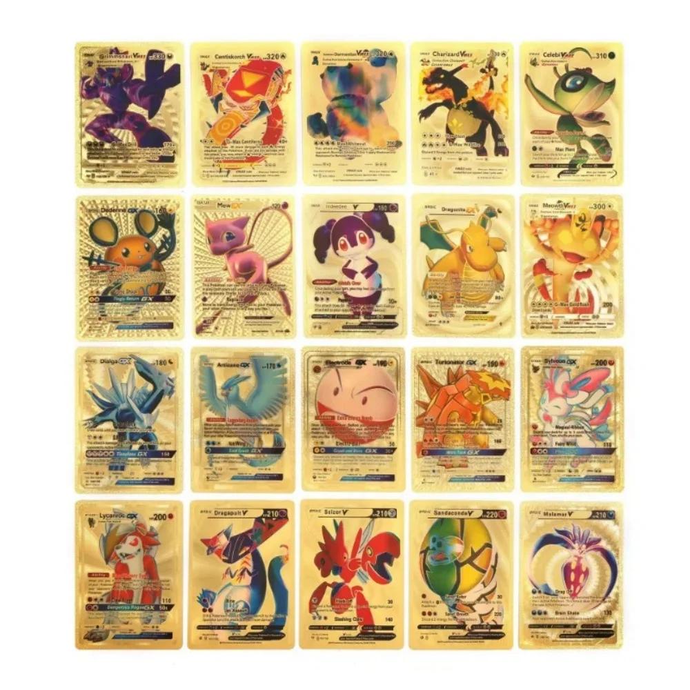 Cartes Pokemon 10-55 pièces, lettres dorées en feuille d'or, anglais, espagnol, français, allemand, 